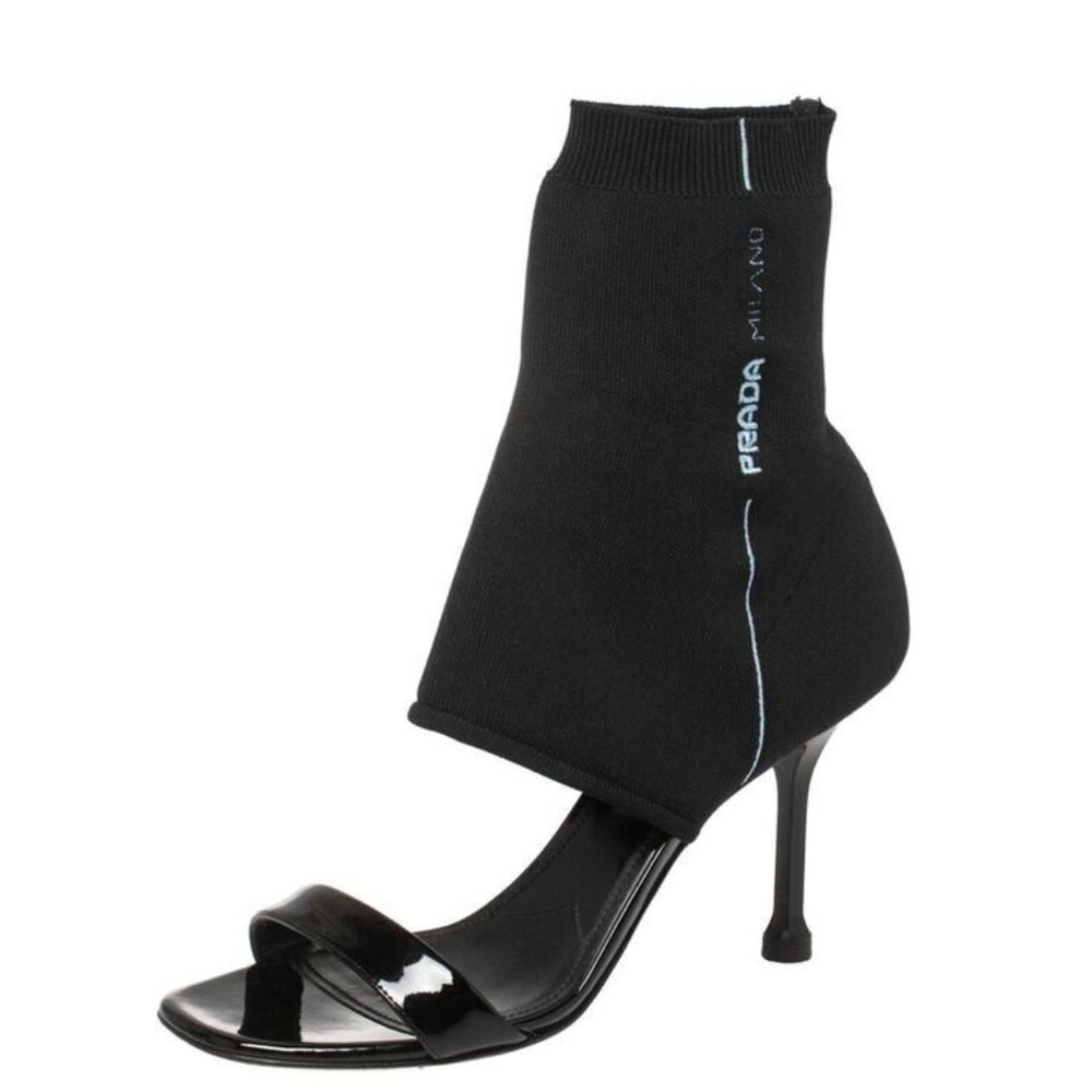 NEW $990+ Prada Black Sock Ankle Knit Open Toe Heel Sandals SZ IT 39.5/US 9.5-9